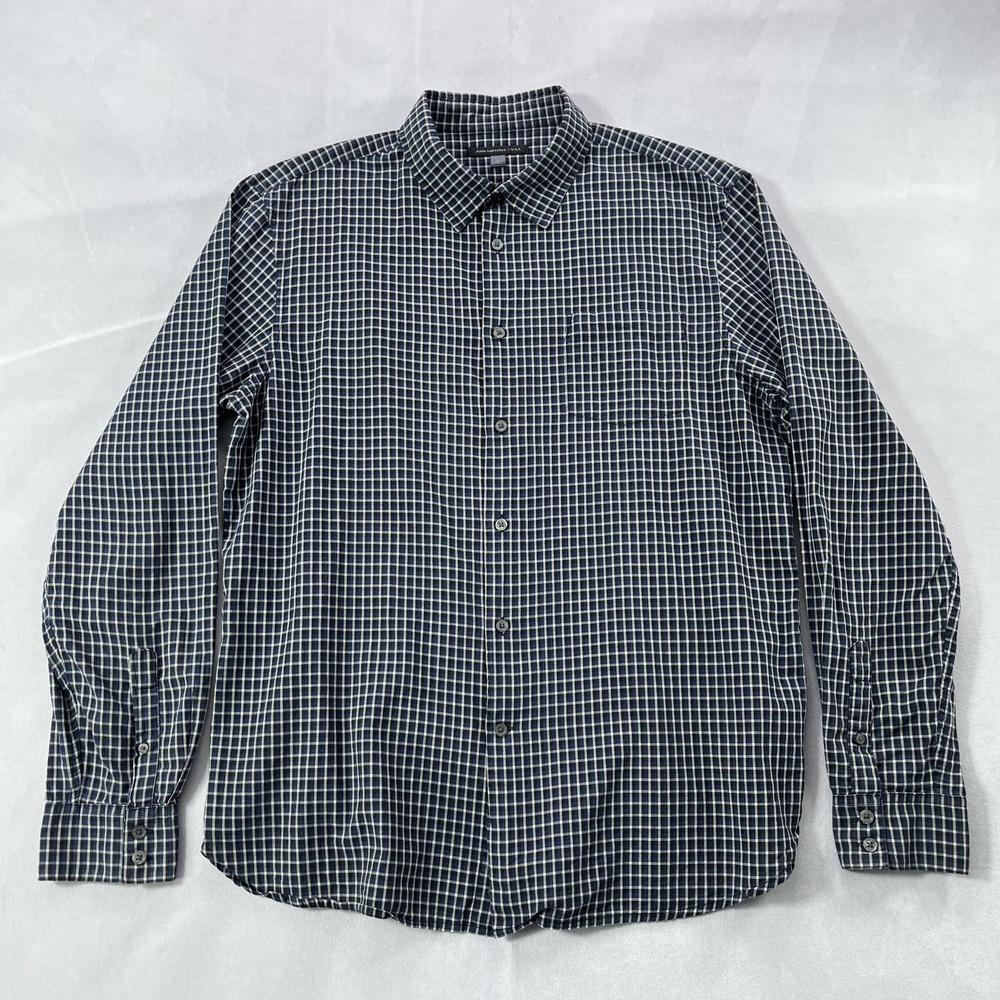 John Varvatos Shirt Mens XL Blue Check 100% Cotton Long Sleeve‎ Button Up Casual